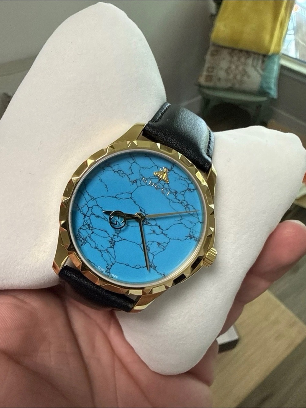 Gucci Gold-Tone Watch with Turquoise Marble Dial and Black Strap